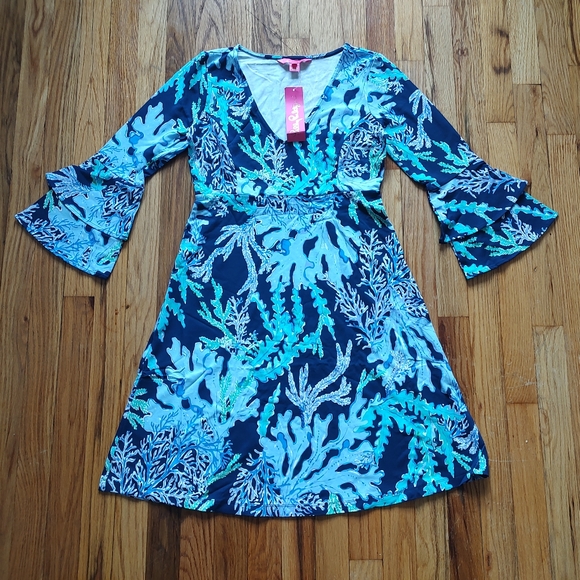 Lilly Pulitzer Raina Dress Deep Indigo Swish Sway Green Navy White Knee Purple S - Picture 5 of 16